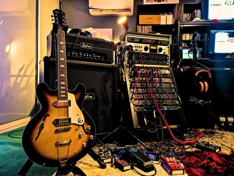 Outboard gear rack and guitar rig at The Spaceship
