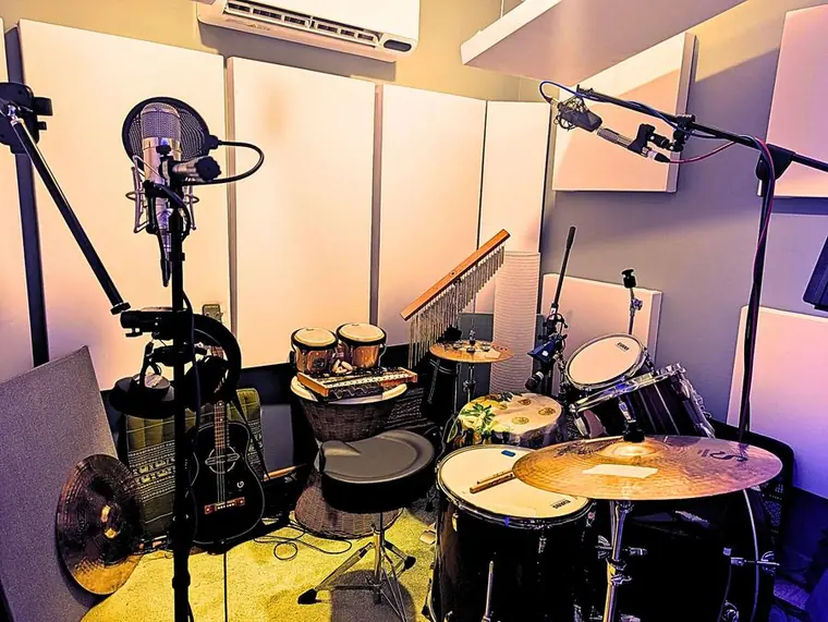Live room with drum kit and percussion at The Spaceship